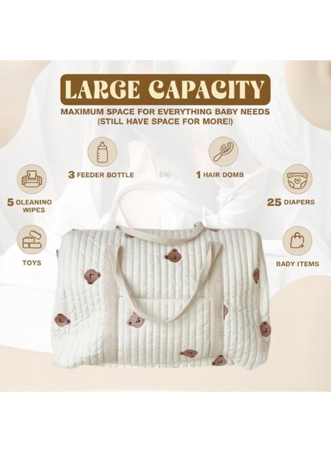 لينلي حقيبة سفر أنيقة مطرزة بسعة كبيرة بنقشة دب لطيف للحفاضات - Image 2